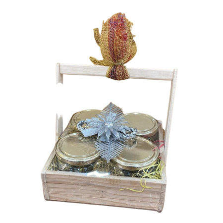 Wooden Tray  (4 Jar) Cakes+Chocolate